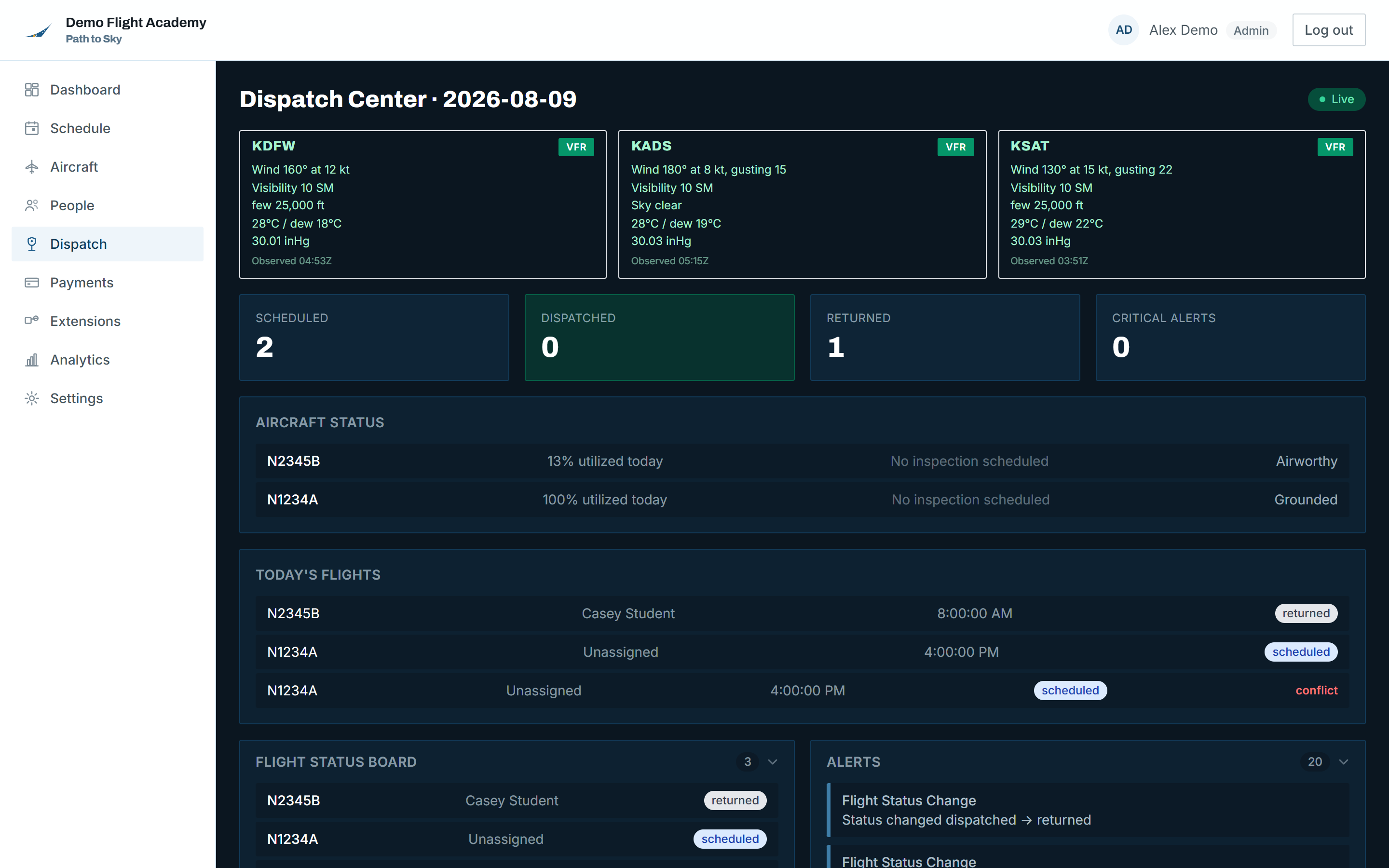 Path to Sky dispatch board showing active flights, fleet status, and weather