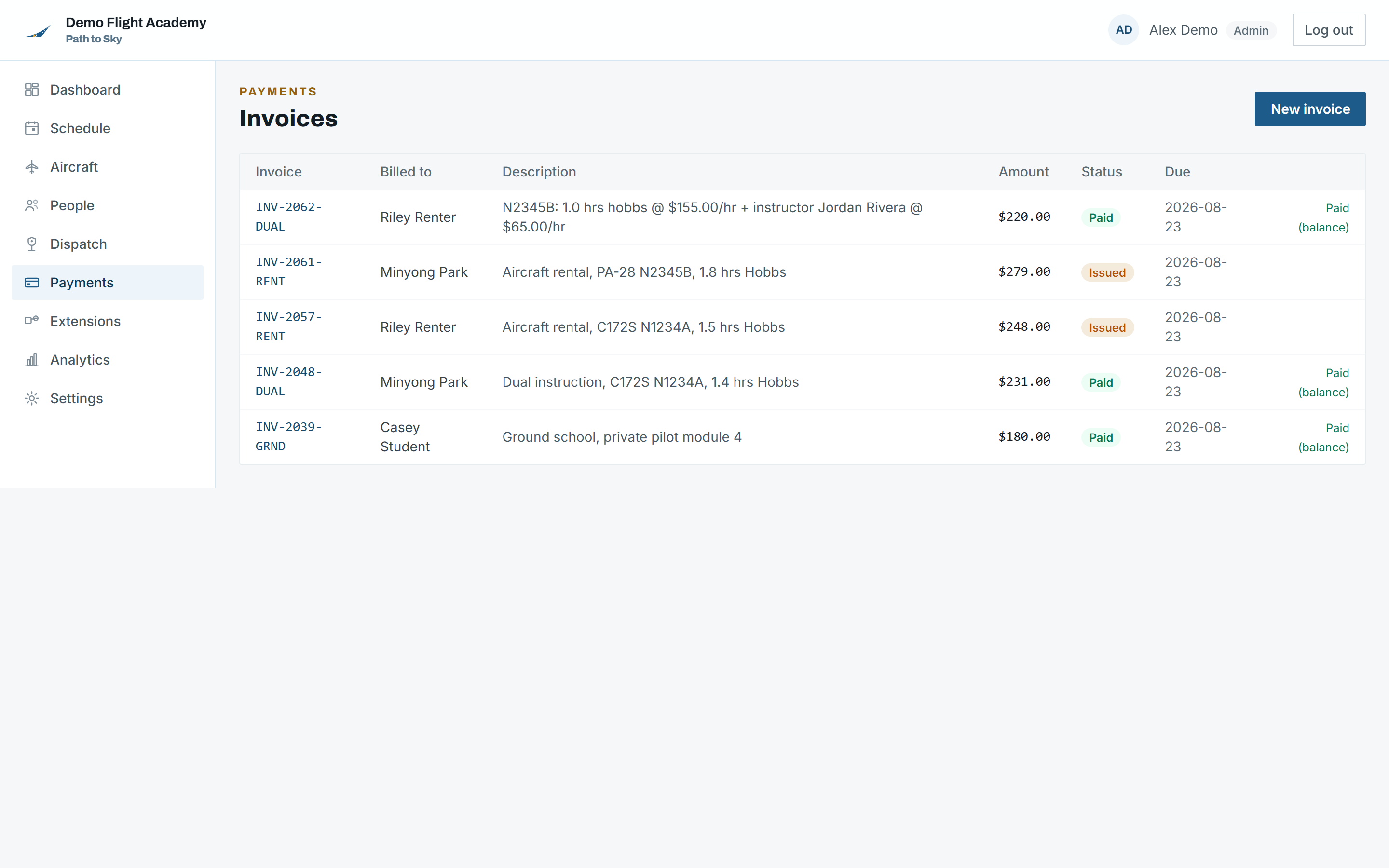 Payments screen in Path to Sky